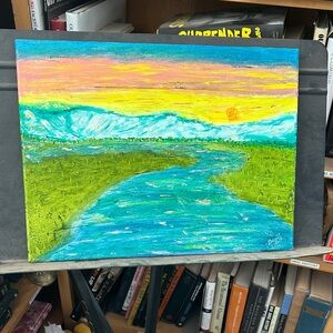 Serene River Landscape Painting with Yellow and Blue Tones